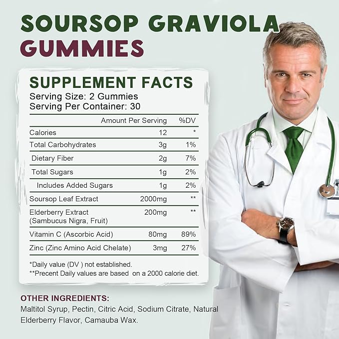Organic Soursop Graviola Gummies, Soursop Extract with Elderberry Rich in Multivitamin for Natural Antioxidant, Cell Support & Regeneration, Immune Boost and Skin, Vegan- 60 Day Supply