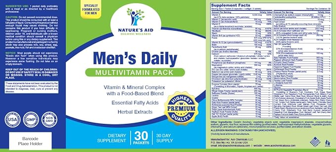 Nature's Aid Holistic Wellness Men's 7 Daily Multivitamins for Energy, Focus & Performance. Vitamin & Mineral Complex with a Food-Based Blend & Herbal Extracts.