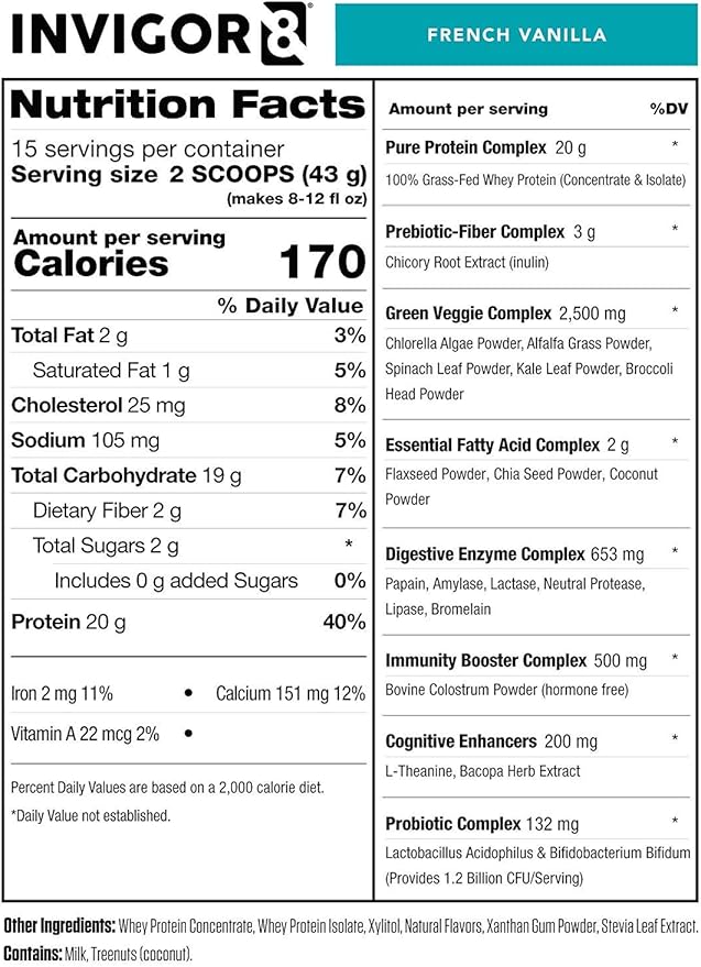 INVIGOR8 Superfood Grass Fed Whey Protein Isolate Shake French Vanilla Gluten-Free and Non GMO Meal Replacement with Probiotics and Omega 3 (483g)