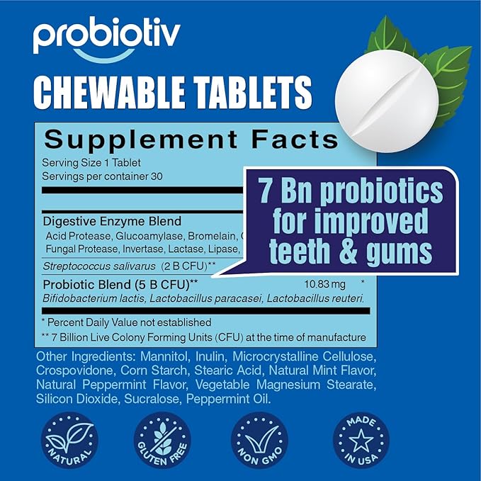 Oral Probiotics for Mouth Bad Breath 7 Billion CFU – Chewable Dental Probiotic for Teeth and Gums & Fresh Breath, Combats Dry Mouth, Halitosis & Supports Gut Health (30 Count (Pack of 1))
