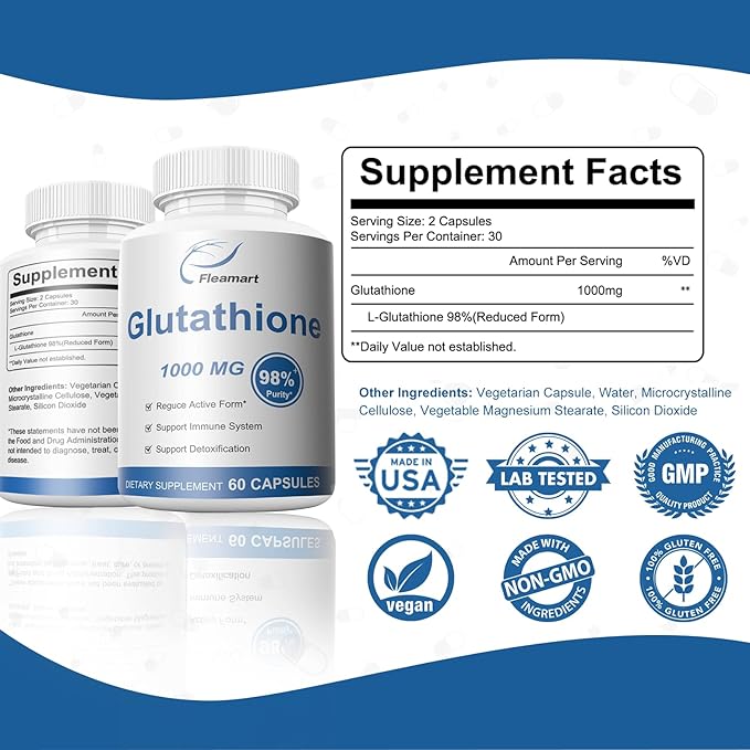 Glutathione Supplement 98%+ Highly Purified and Bioavailable - Skin Care & Detoxification L-Glutathione 1000mg Immune & Liver Support - Made in The USA 60 Capsules
