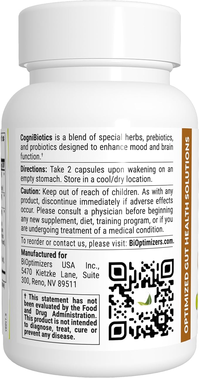 BiOptimizers Cognibiotics Probiotic Brain Supplement - Helps Support Mood, Better Focus, Memory, Mental Clarity - 60 Capsules