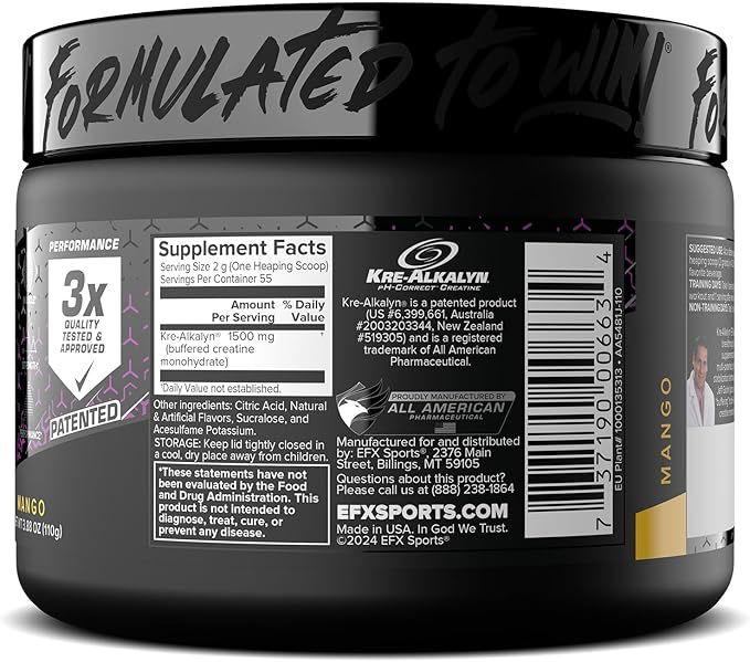 EFX Sports Kre-Alkalyn EFX Powder | pH Correct Creatine Monohydrate Powder Supplement | Strength, Muscle Growth & Performance | 55 Servings (Mango)