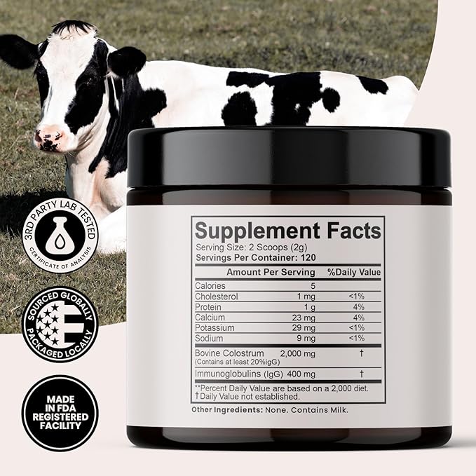 Optimal Prime - MUUU Bovine Colostrum Supplement and Superfood Powder for Gut Health, Bloating, Immune Support, Hair, Skin, and Nails Unflavored, 120 Servings
