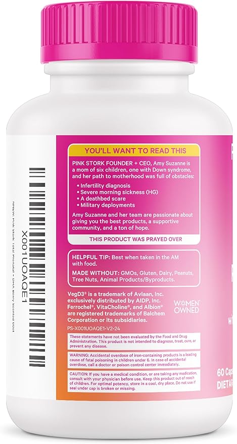 Pink Stork Total Prenatal Vitamins with DHA, Folate, Iron, Choline, and Vitamin B12 - Prenatals for Women to Support Fetal Development, Pregnancy Must Haves - 60 Capsules, 1 Month Supply