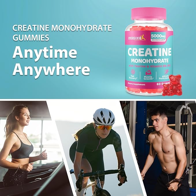 Creatine Monohydrate Gummies, Creatine for Women, Creatine Pre Workout Chewables Supplement 5000mg with Taurine & B6 - for Muscle, Recovery, Strength, Energy & Endurance and Performance - 120 Count