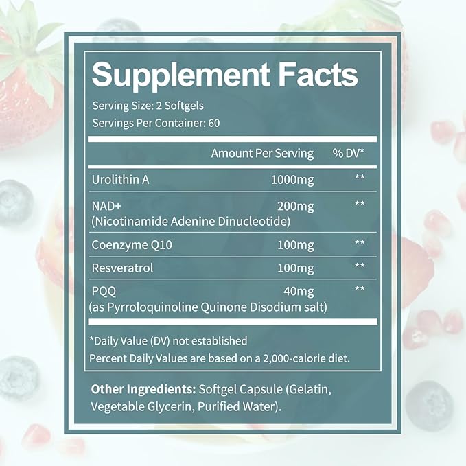 Urolithin A Supplement 1000mg with NAD+,CoQ10,Resveratrol,PQQ Supplement for Men Women 120 Softgels for Muscle Energy Antioxidants Vegan High Bioavailability