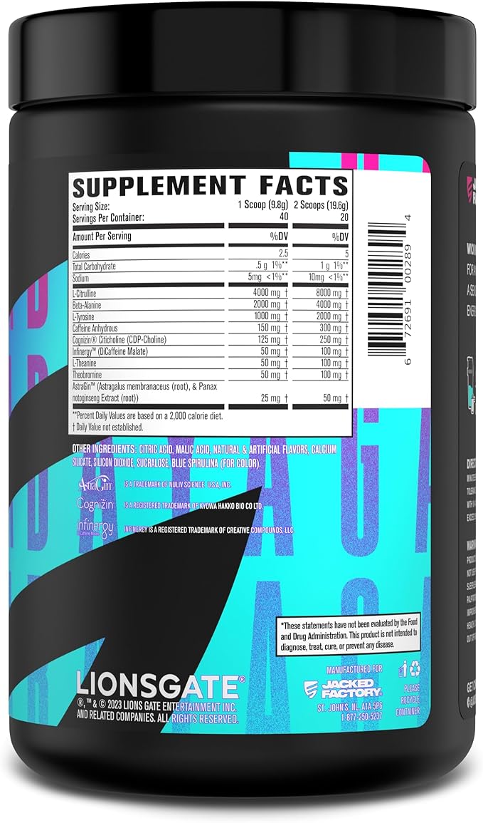 Jacked Factory X John Wick - Wick Mode Pre Workout Powder - Intense Energy, Battle-Ready Focus, Unstoppable Commitment, and Sheer Will - 40 Servings, Baba Yaga Blue Raz