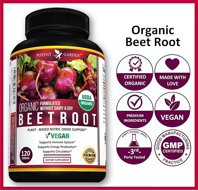 Potent Garden Organic Beet Root Powder (120 Tablets) 1350mg Beets Per Serving with Black Pepper for Extra Absorption - Super Antioxidant and Nitrate Supplement for Athletic Performance and Stamina