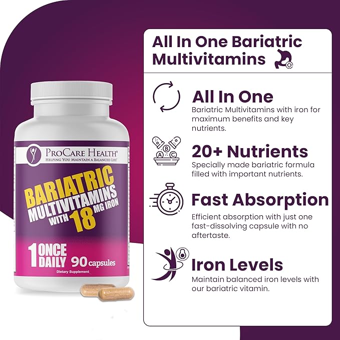 ProCare Health Bariatric Multivitamin with Iron 18mg (03 Month Supply) - Post-Op Bariatric Vitamins for Gastric Bypass Bariatric Surgery Patients, Supports Recovery (90 Easy to Swallow Capsules)