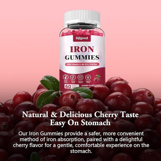 Vegan Iron Supplement for Women, with Vitamin A, C, B6, B12, Folate and Zinc, Energy Boost, Sugar Free, No After Taste - Delicious Cherry Flavor, 60 Count