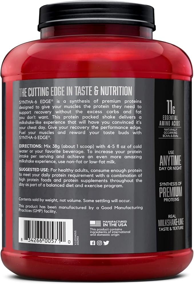 BSN SYNTHA-6 EDGE Protein Powder, with Hydrolyzed Whey, Micellar Casein, Milk Protein Isolate, Low Sugar, 24g Protein, Strawberry Milkshake, 48 Servings