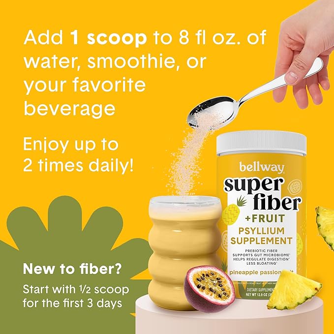 Bellway Super Fiber Powder + Fruit (3 Pack), Sugar Free Organic Psyllium Husk Powder Fiber Supplement for Regularity, Bloating Relief & Gut Health, Plant-Based, Pineapple Passion Fruit (150 Servings)