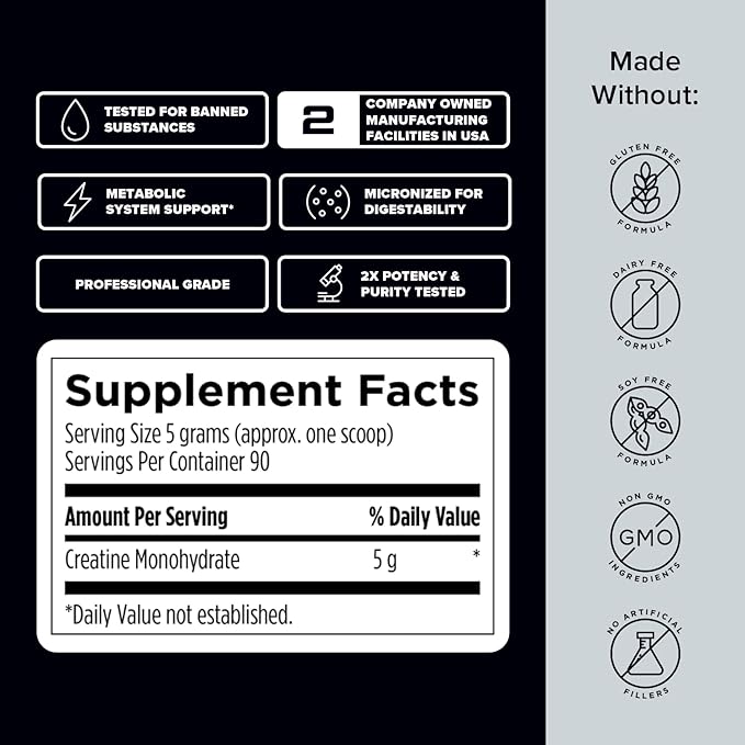 Creatine Monohydrate Powder - NSF Certified for Sport Creatine Supplement to Support Muscle Recovery, Pre + Post Workout Strength and Energy (1 lb / 90 Servings)