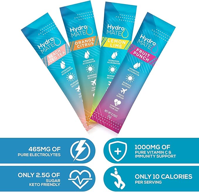 HydroMATE Electrolytes Powder Drink Mix Packets Hydration Accelerator Low Sugar Rapid Party Recovery Plus Vitamin C Variety Pack 30 Count