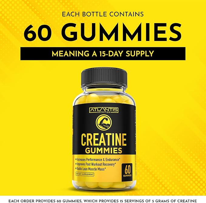 Creatine Monohydrate Gummies for Strength & Athletic Performance - 5g Creatine Per Serving - Creatine Chews to Build Muscle, for Performance & Post Workout Recovery - 60 Creatine Gummies for Women/Men