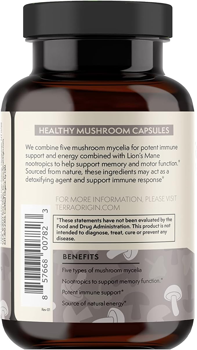 TERRA ORIGIN Healthy Mushroom Capsules | Certified USDA Organic | 90 Veggie Caps | Reishi Mushroom, Lions Mane | Potent Immune Support & Nootropic Brain Supplement |
