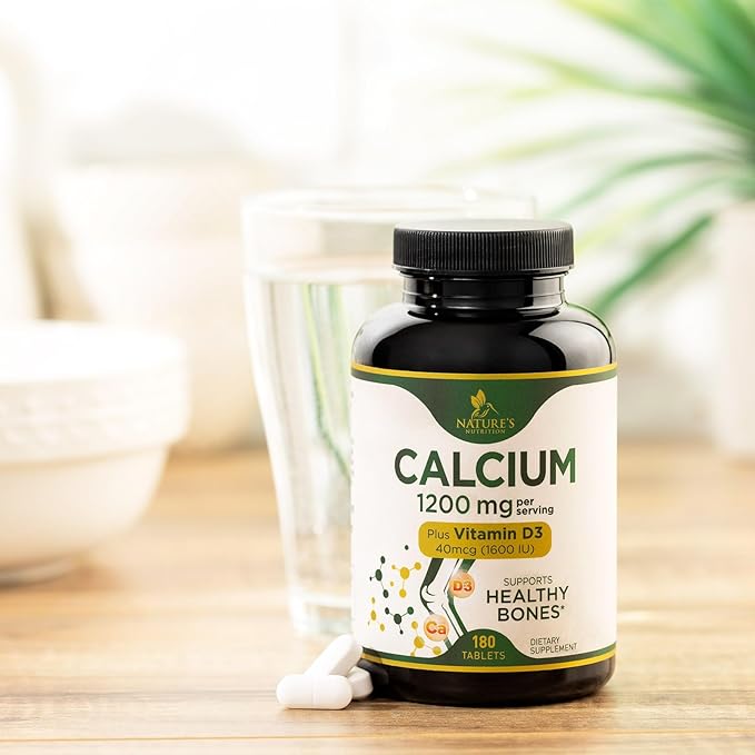 Calcium 1200 mg with Vitamin D3, Calcium Supplement Vitamins, Supports Bone Strength, Teeth & Immune System, Calcium Supplements for Women & Men, Nature's Absorbable Calcium Carbonate - 180 Tablets