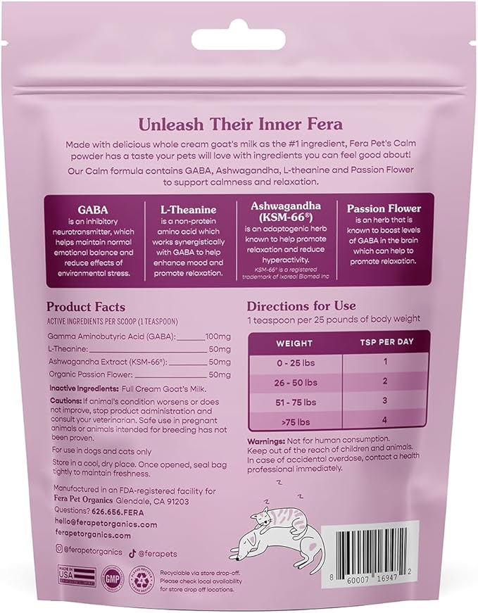 Fera Pet Organics Calming Goat Milk Cat & Dog – Vet Created - Pet Anxiety, Stress & Hyperactivity - Ashwagandha Supplement with GABA-60 Servings