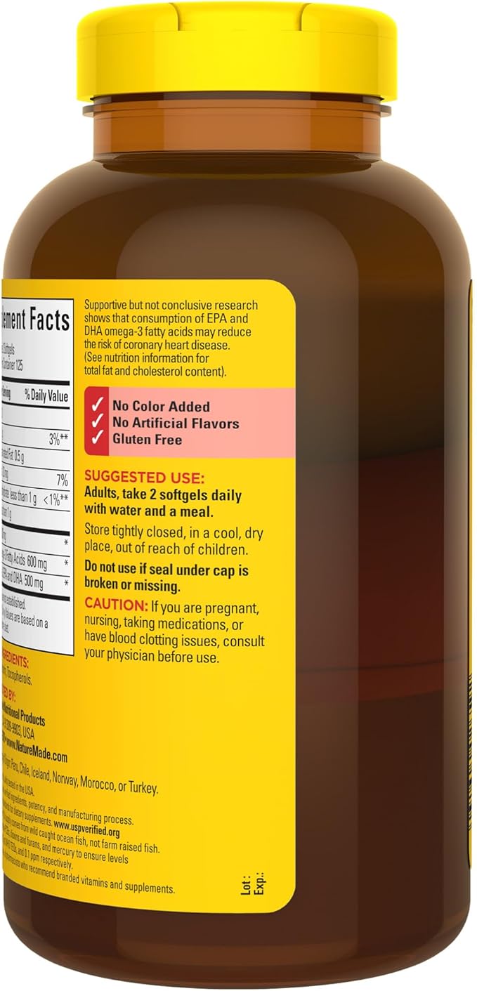 Nature Made Fish Oil 1000 mg Softgels, Fish Oil Supplements, Omega 3 Fish Oil for Healthy Heart Support, Omega 3 Supplement with 250 Softgels, 125 Day Supply