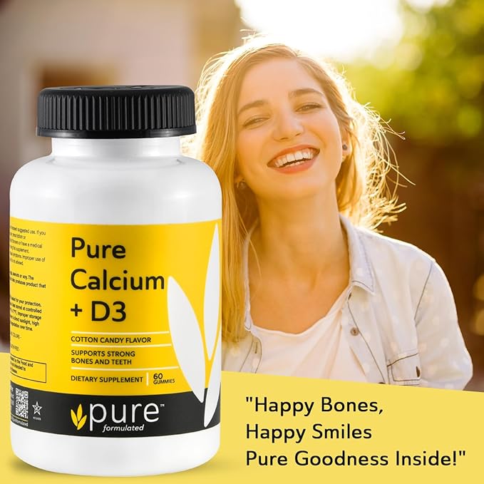 Chewable Calcium + Vitamin D3 Gummies – Vegan Vitamin Supplements for Bones & Teeth Support, 1000 IU– Gluten and Dairy Free - Kosher (60 Gummies)