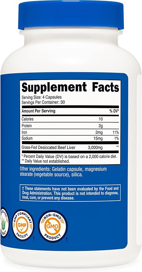 Nutricost Grass Fed Desiccated Beef Liver Capsules 3000mg (750mg Per Cap), 120 Capsules - No Hormones, Non-GMO, Gluten Free, Pasture-Raised, Free Range Beef