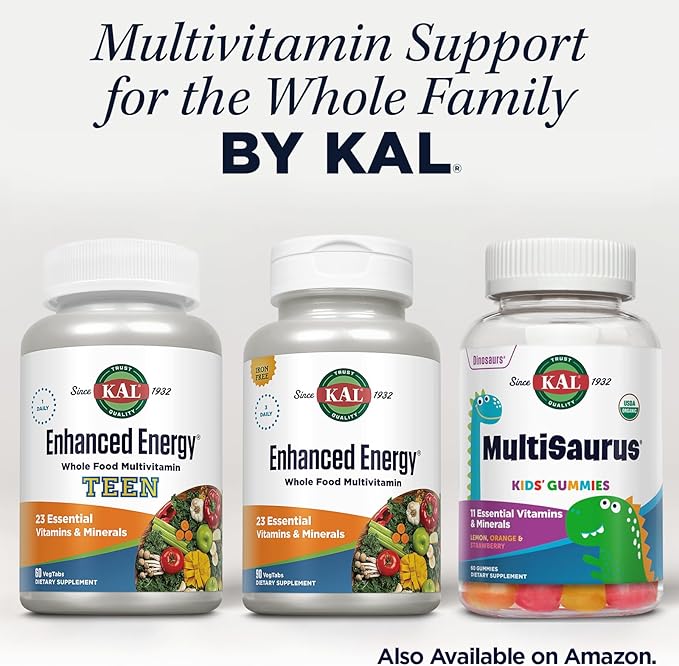 KAL Enhanced Energy Supplements, 3 Daily - Whole Food Multivitamin for Women and Men, Iron Free - 23 Essential Vitamins, Minerals, Super Foods, Digestive Enzymes, 60-Day Guarantee, 30 Serv, 90 VegTabs