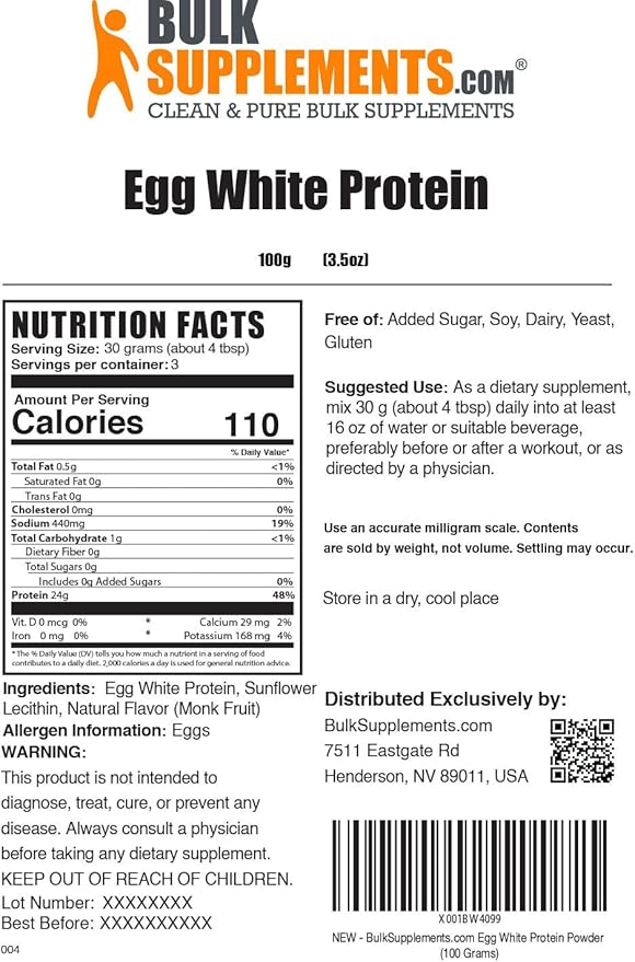 BulkSupplements.com Egg White Protein Powder - Egg White Powder, Lactose Free & Dairy Free Protein Powder - Unflavored & Gluten Free, 30g per Serving, 100g (3.5 oz) (Pack of 1)