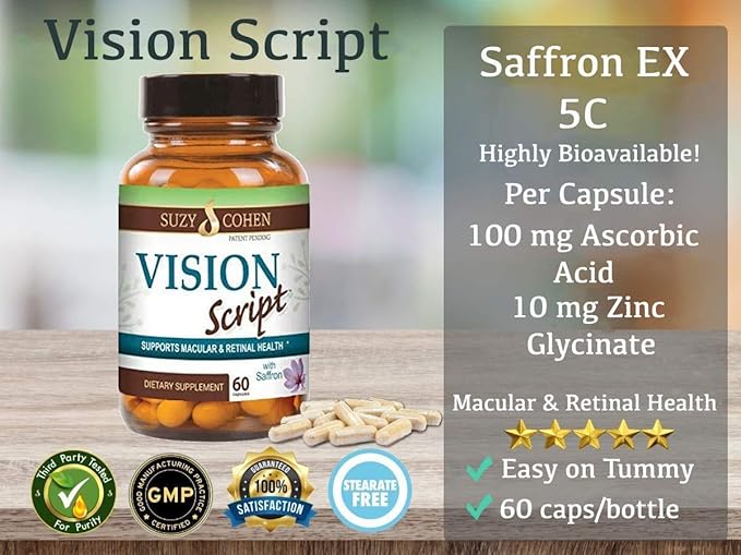 Vision Script with Saffron for Macular, and Retinal Eye Health 60 Servings- Each Capsule Contains Saffron, Black Currant, Lutein, Zeaxanthin, Vitamin C and E, and Zinc Glycinate.
