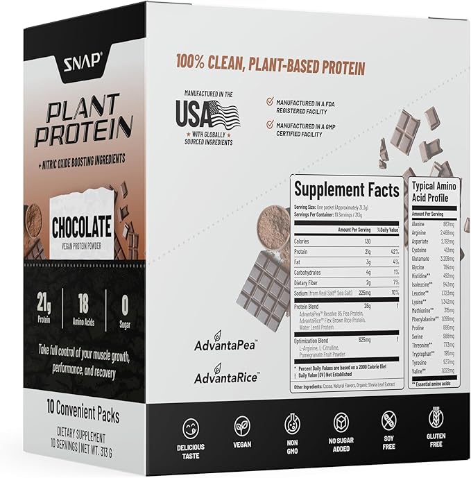 Snap Supplements 100% Plant Based Protein Powder Stick Packs with Nitric Oxide Booster (10 Pack, Chocolate)