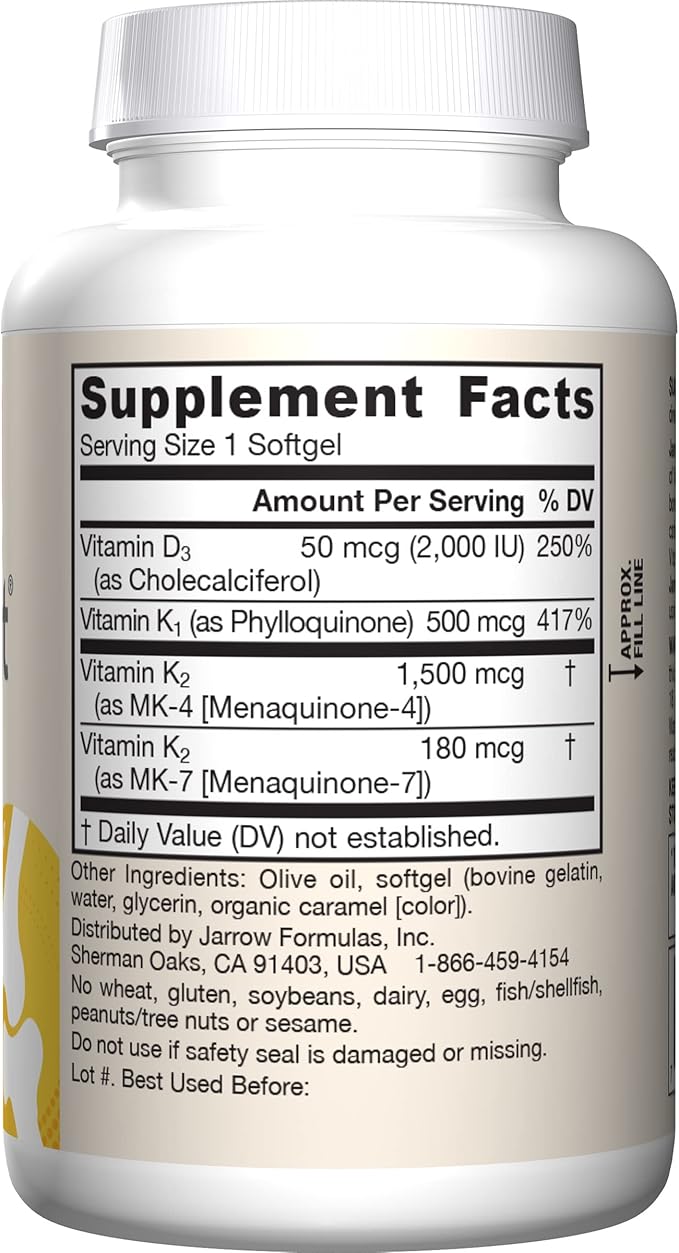 Jarrow Formulas K-Right - Vitamin K-Complex (K1, MK-4, MK-7, D3) - 60 Servings (Softgels) - Dietary Supplement for Bone & Cardiovascular Health Support - Vitamin K2 MK-7 - Gluten Free