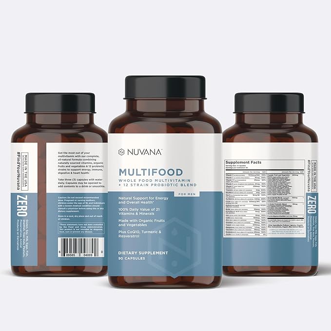 Multifood Whole Food Multivitamin with Probiotics, Organic Fruits & Vegetables, Iron, CoQ10, Turmeric, Resveratrol & Prebiotic Fiber | Vegan Formula for Promoting Energy (Multifood for Men)