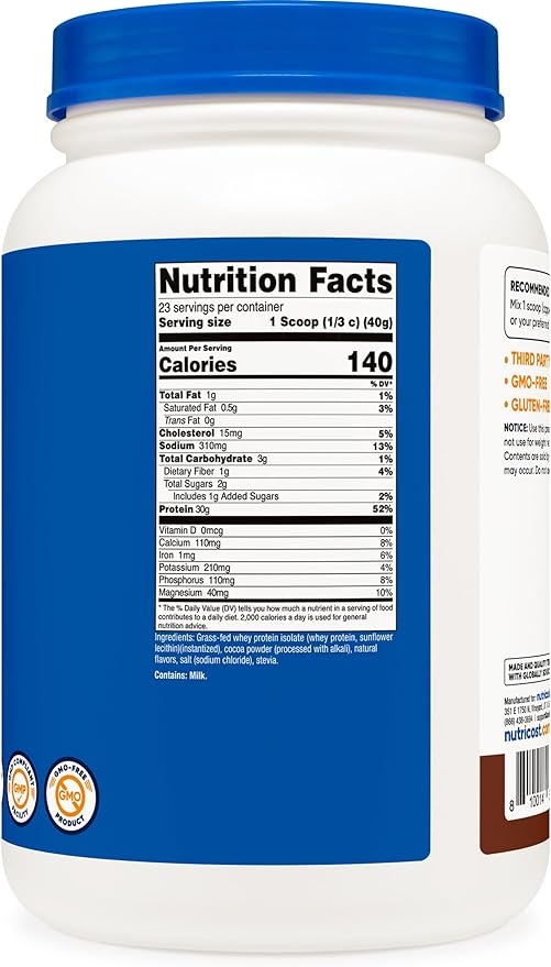 Nutricost Grass-Fed Whey Protein Isolate (Chocolate) 2LBS - Non-GMO, Gluten Free, Natural Flavors