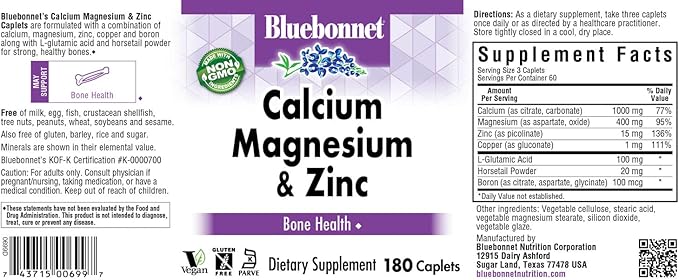 BlueBonnet Calcium Magnesium Zinc Caplets, 180 Count