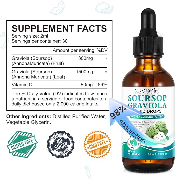 Soursop Bitters Liquid, Soursop Graviola Liquid Drops Natural Soursop Multivitamin Drops Organic Soursop Leaf Extract Drops Soursop Oil for Men & Women