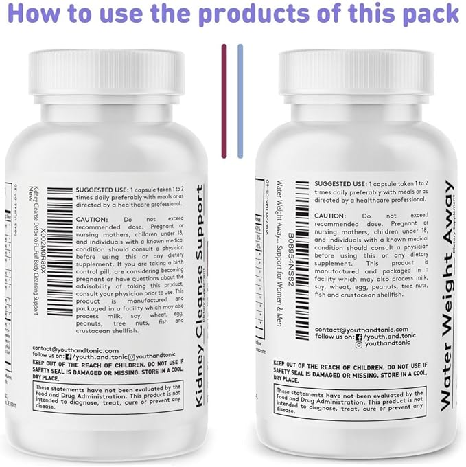 Youth & Tonic Daily Water Retention Pills for Kidney Cleanse Swelling and Excess Body Fluids & Metabolic Waste / 30 + 30 Capsules