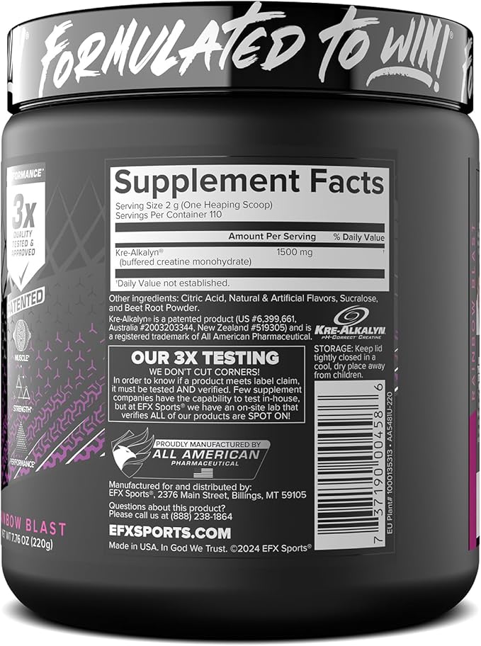 EFX Sports Kre-Alkalyn EFX Powder | pH Correct Creatine Monohydrate Powder Supplement | Strength, Muscle Growth & Performance | 110 Servings (Rainbow Blast)