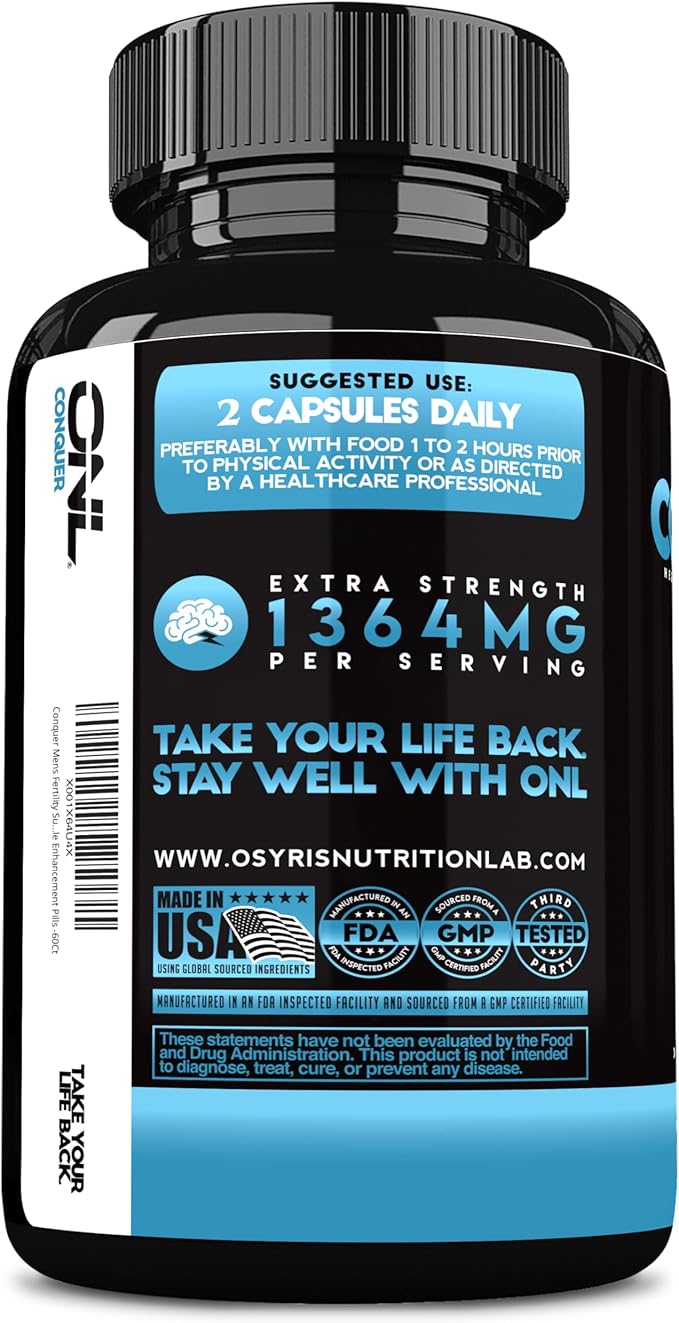 Conquer Mens Fertility Supplement - Testosterone Booster for Men w/ Maca Root, Horny Goat Weed & Tribulus Terrestris - Male Fertility Supplement - Libido Booster for Men - Male Enhancement Pills -60Ct