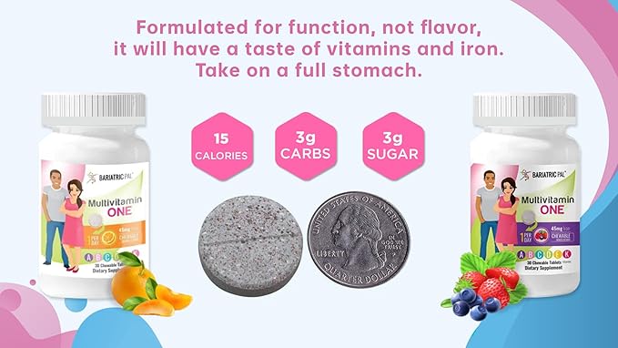 BariatricPal Multivitamin ONE 1 per Day! Bariatric Multivitamin Chewable with 45mg Iron - Orange Citrus (30 Count)