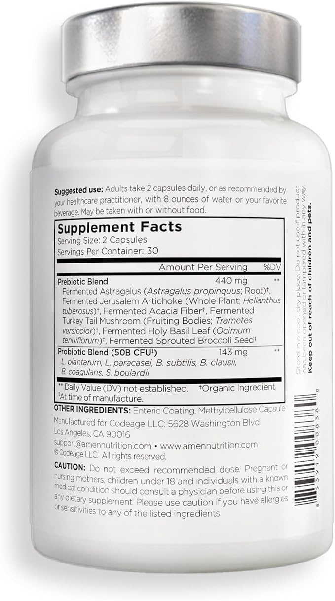 Amen Probiotics Supplement, SBO Probiotic and Organic Prebiotics, 50 Billion CFUs, Shelf Stable, No Refrigeration Required, Flora Daily Probiotic Formula for Women & Men, Vegan & Non-GMO, 60 Capsules