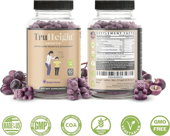 TruHeight Growth Gummies (Grape) Natural Growth & Development Supplement for Kids & Teens - Endorsed by Pediatricians - Vitamin D, K, Calcium & Ashwaganda - Bone Strength - Kids Vitamins - Ages 5+
