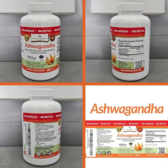 UDAF Certified Organic Ashwagandha with Black Pepper - 180 Capsules - 1965mg Extra Strength for Stress, Sleep, Mood, Thyroid, Focus, Hair, Vegan Pure Root Extract Powder - Men and Women Supplements