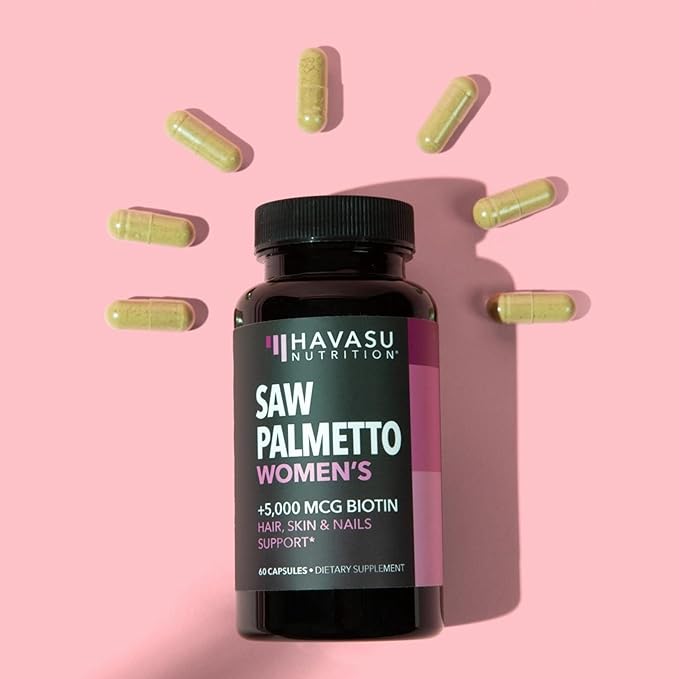 Saw Palmetto for Women + 5000 mcg Biotin Supplement - DHT Blocker Hair Health Vitamins - Supports Stronger Appearance of Hair for Women Post-Partum - Month Supply Vegan Women's Saw Palmetto