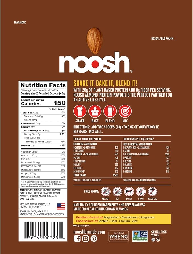 NOOSH Plant Based Almond Protein Powder Chocolate 35 Gram - Vegan, All Natural Ingredients, Non-GMO, Gluten Free, Kosher, Peanut Free, Soy Free, Dairy Free (Chocolate)