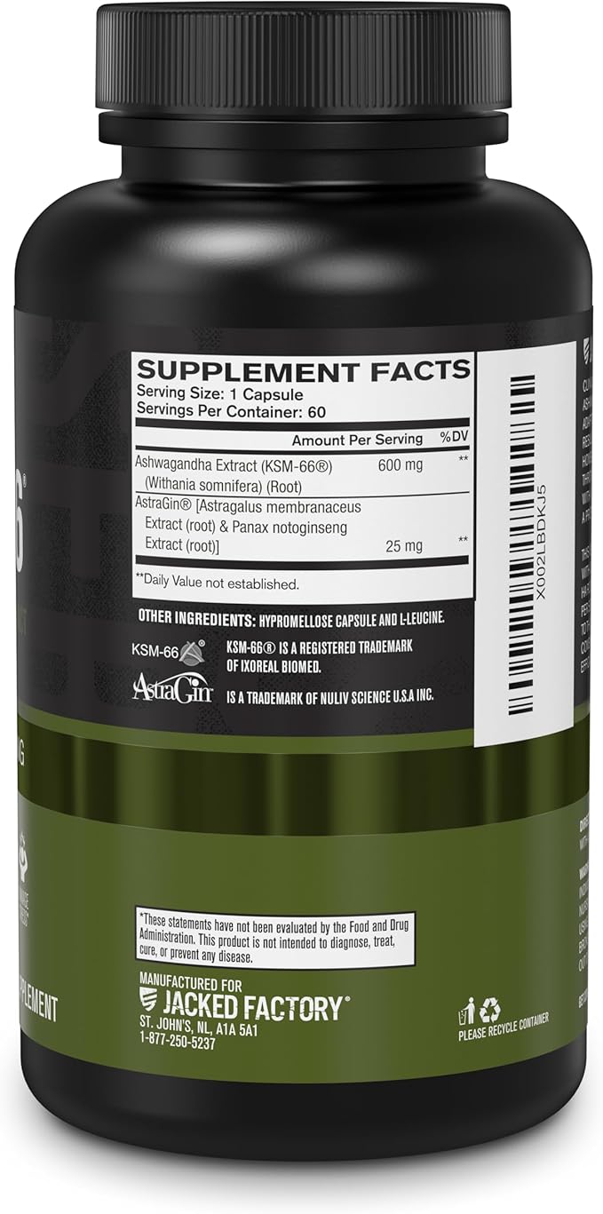 Jacked Factory Ashwagandha Root Extract (KSM-66 Ashwagandha) w/ 5% Withanolides - Supplement for Natural Stress Relief, Cognitive Function, Vitality, and Mood Support - 60 Veggie Capsules
