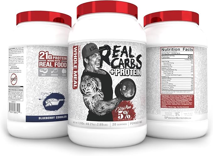 5% Nutrition Rich Piana Real Carbs + Protein | Clean Mass Gainer Protein Powder | Real Food Carbohydrate Fuel for Pre Workout/Post-Workout Recovery Meal | 2.89 lb, 20 Srvgs (Blueberry Cobbler)