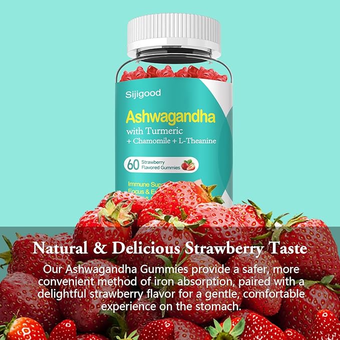 Ashwagandha Gummies with L-theanine, 3000mg Ashwa Root Supplement Gummy for Women Men, 60 Strawberry Flavored Gummies