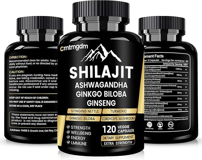 Shilajit Capsules - 20,000mg Pure Himalayan Organic Shilajit for Men & Women with Ashwagandha, Supports Vitality and Wellness, Premium Shilajit Pure Himalayan Supplement, 120 Capsules