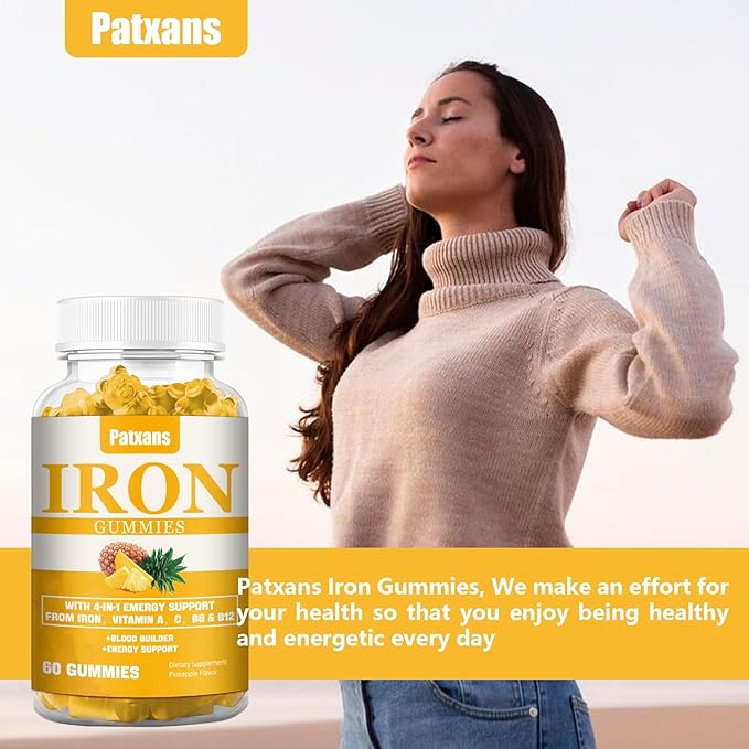 1 Pack 100MG Iron Supplement Gummies for Women & Men - with Vitamin A, C, B - Blood Builder & Energy Support for Iron Deficiency, Anemia, Adults & Children, Vegan, Pineapple Flavor Gummy, 60ct