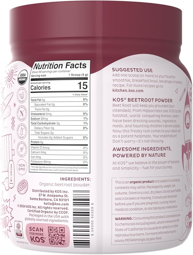 KOS Organic Beet Root Powder - USDA Certified, Non-GMO, Gluten & Soy Free - 90 Servings